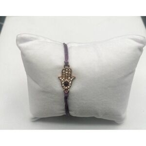 Vintage Hamsa Hand Charm Bracelet Gold Tone Rhinestones Purple Cord Macrame